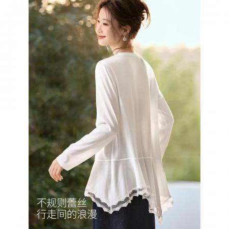 FA55035# 氧气蕾丝罩衫T恤26春款圆领不规则下摆叠穿屁帘T恤 服裝批發女裝批發服飾貨源