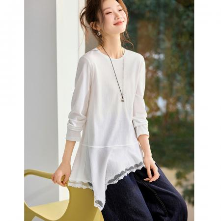 FA55035# 氧气蕾丝罩衫T恤26春款圆领不规则下摆叠穿屁帘T恤 服裝批發女裝批發服飾貨源