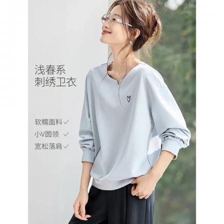 FA55037# 浅春系趣味刺绣卫衣春季新款宽松圆V领设计感卫衣女 服裝批發女裝批發服飾貨源