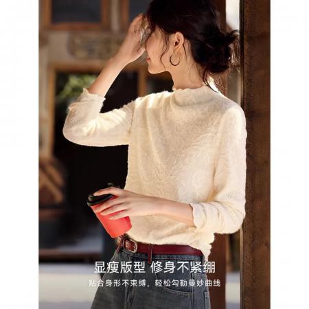 FA55038# 柔白蕾丝韵26春新气质温柔氛围感提花肌理显瘦国风内搭T恤 服裝批發女裝批發服飾貨源