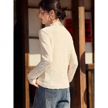 FA55038# 柔白蕾丝韵26春新气质温柔氛围感提花肌理显瘦国风内搭T恤 服裝批發女裝批發服飾貨源