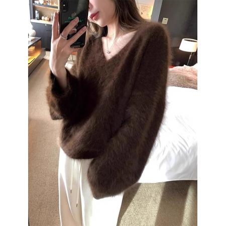 FA55039# 咖色高级感V领水貂绒毛衣女秋冬季慵懒风宽松打底软糯针织衫上衣 服裝批發女裝批發服飾貨源