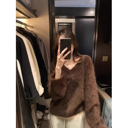 FA55039# 咖色高级感V领水貂绒毛衣女秋冬季慵懒风宽松打底软糯针织衫上衣 服裝批發女裝批發服飾貨源