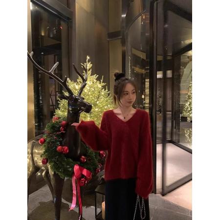 FA55039# 咖色高级感V领水貂绒毛衣女秋冬季慵懒风宽松打底软糯针织衫上衣 服裝批發女裝批發服飾貨源