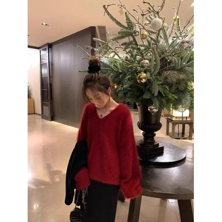 FA55039# 咖色高级感V领水貂绒毛衣女秋冬季慵懒风宽松打底软糯针织衫上衣 服裝批發女裝批發服飾貨源