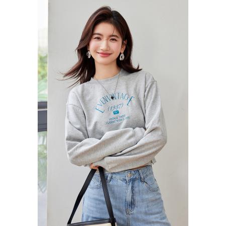 FA55040# 春款印花简约设计感短款圆领套头上袖卫衣 服裝批發女裝批發服飾貨源