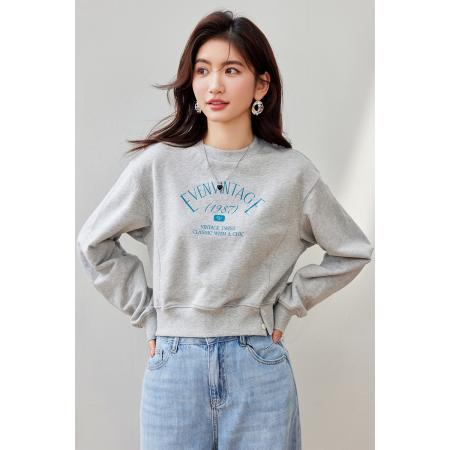 FA55040# 春款印花简约设计感短款圆领套头上袖卫衣 服裝批發女裝批發服飾貨源