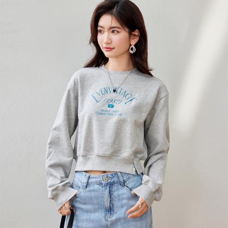 FA55040# 春款印花简约设计感短款圆领套头上袖卫衣 服裝批發女裝批發服飾貨源