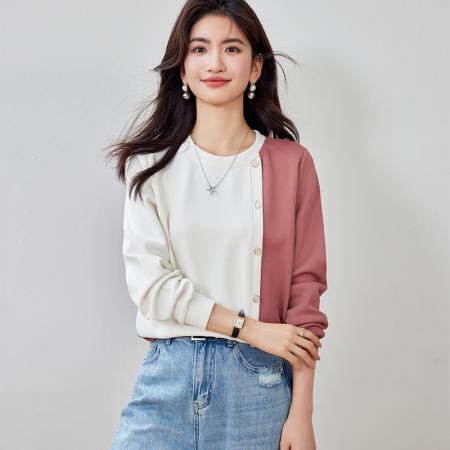 FA55041# 春季新款休闲简约拼接撞色时尚百搭圆领上衣 服裝批發女裝批發服飾貨源