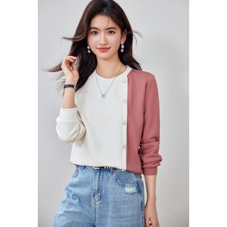 FA55041# 春季新款休闲简约拼接撞色时尚百搭圆领上衣 服裝批發女裝批發服飾貨源