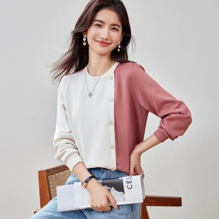 FA55041# 春季新款休闲简约拼接撞色时尚百搭圆领上衣 服裝批發女裝批發服飾貨源
