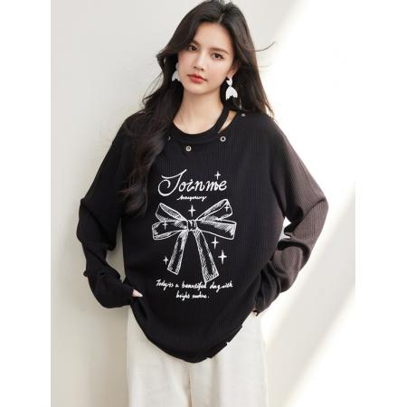 FA55042# 春款蝴蝶结镂空上衣女少女感圆领慵懒个性内搭 服裝批發女裝批發服飾貨源