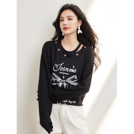 FA55042# 春款蝴蝶结镂空上衣女少女感圆领慵懒个性内搭 服裝批發女裝批發服飾貨源