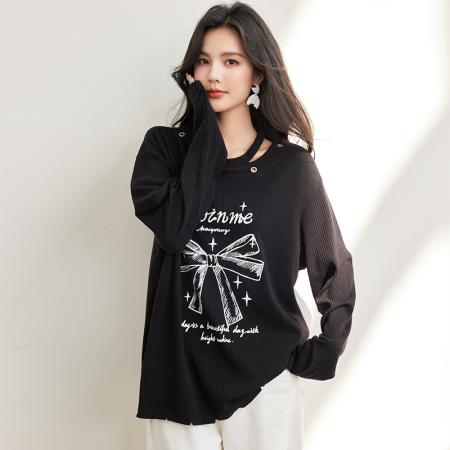 FA55042# 春款蝴蝶结镂空上衣女少女感圆领慵懒个性内搭 服裝批發女裝批發服飾貨源