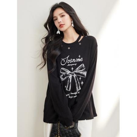 FA55042# 春款蝴蝶结镂空上衣女少女感圆领慵懒个性内搭 服裝批發女裝批發服飾貨源