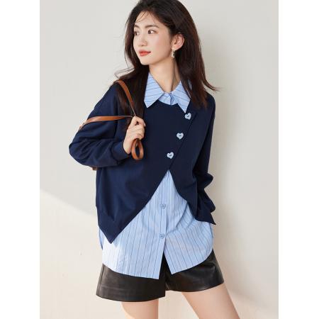 FA55043# 假两件长袖衬衣蓝色条纹衬衣女秋季新款撞色额拼接上衣 服裝批發女裝批發服飾貨源