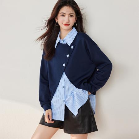 FA55043# 假两件长袖衬衣蓝色条纹衬衣女秋季新款撞色额拼接上衣 服裝批發女裝批發服飾貨源