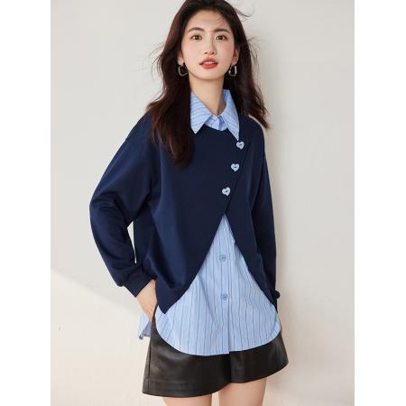FA55043# 假两件长袖衬衣蓝色条纹衬衣女秋季新款撞色额拼接上衣 服裝批發女裝批發服飾貨源