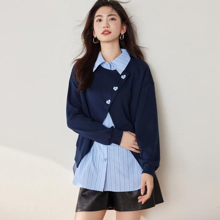 FA55043# 假两件长袖衬衣蓝色条纹衬衣女秋季新款撞色额拼接上衣 服裝批發女裝批發服飾貨源