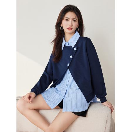 FA55043# 假两件长袖衬衣蓝色条纹衬衣女秋季新款撞色额拼接上衣 服裝批發女裝批發服飾貨源