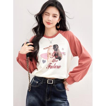 FA55044# 春款兔子图案复古插肩长袖设计感抽绳拼色卫衣 服裝批發女裝批發服飾貨源