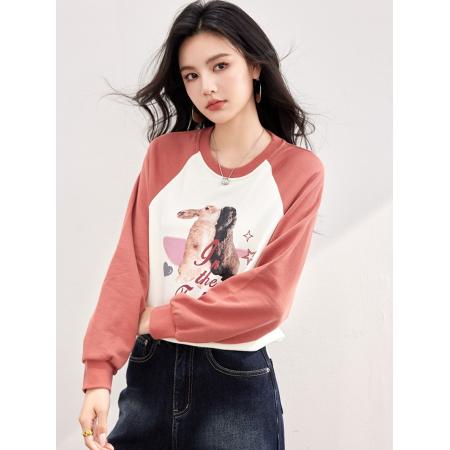 FA55044# 春款兔子图案复古插肩长袖设计感抽绳拼色卫衣 服裝批發女裝批發服飾貨源