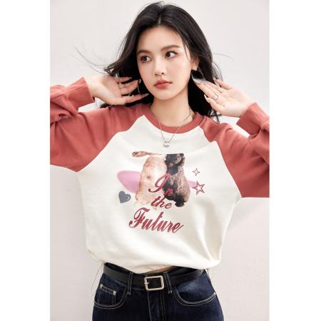 FA55044# 春款兔子图案复古插肩长袖设计感抽绳拼色卫衣 服裝批發女裝批發服飾貨源