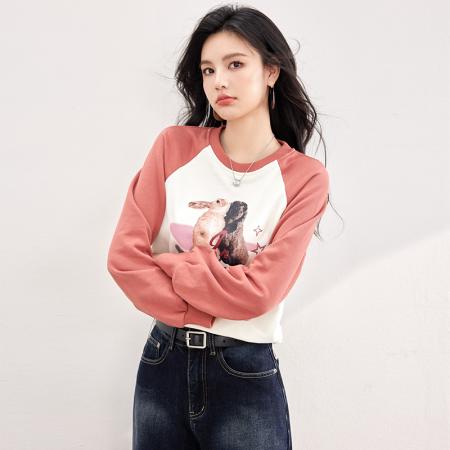 FA55044# 春款兔子图案复古插肩长袖设计感抽绳拼色卫衣 服裝批發女裝批發服飾貨源