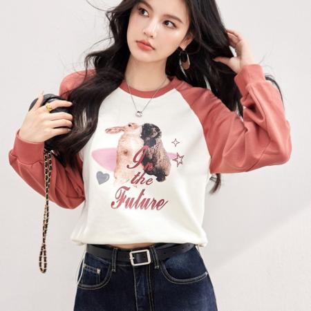 FA55044# 春款兔子图案复古插肩长袖设计感抽绳拼色卫衣 服裝批發女裝批發服飾貨源