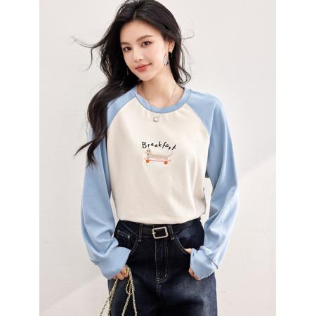 FA55045# 春款刺绣插肩袖拼色T恤圆领显瘦上衣 服裝批發女裝批發服飾貨源