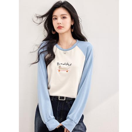 FA55045# 春款刺绣插肩袖拼色T恤圆领显瘦上衣 服裝批發女裝批發服飾貨源