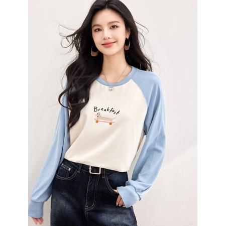 FA55045# 春款刺绣插肩袖拼色T恤圆领显瘦上衣 服裝批發女裝批發服飾貨源