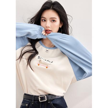 FA55045# 春款刺绣插肩袖拼色T恤圆领显瘦上衣 服裝批發女裝批發服飾貨源