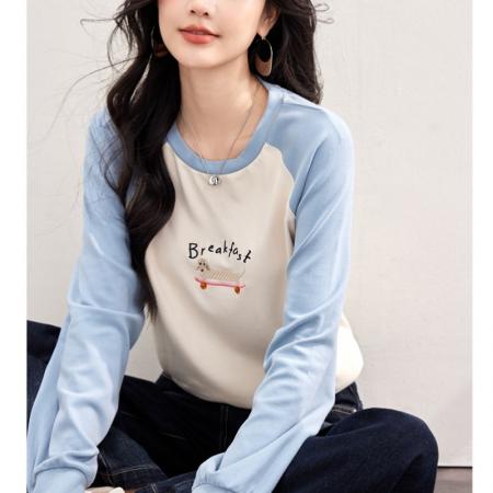 FA55045# 春款刺绣插肩袖拼色T恤圆领显瘦上衣 服裝批發女裝批發服飾貨源