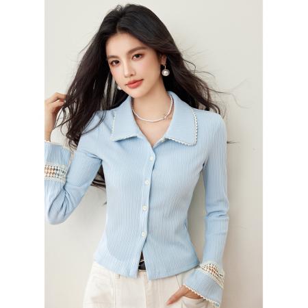 FA55046# 春款蓝色长袖翻领针织衫开衫外套显瘦设计感上衣 服裝批發女裝批發服飾貨源