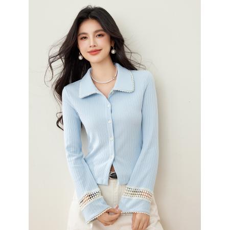 FA55046# 春款蓝色长袖翻领针织衫开衫外套显瘦设计感上衣 服裝批發女裝批發服飾貨源