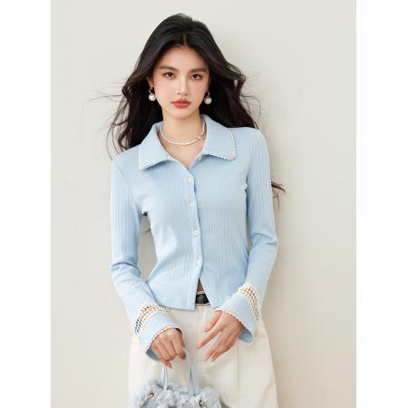 FA55046# 春款蓝色长袖翻领针织衫开衫外套显瘦设计感上衣 服裝批發女裝批發服飾貨源