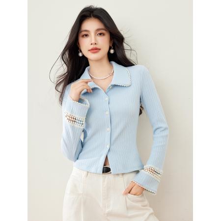 FA55046# 春款蓝色长袖翻领针织衫开衫外套显瘦设计感上衣 服裝批發女裝批發服飾貨源