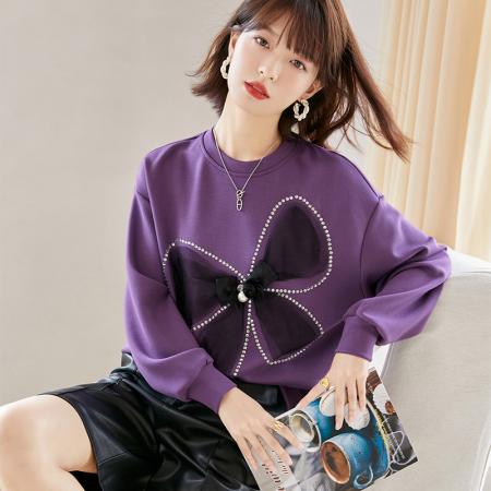 FA55047# 春款休闲圆领立体网纱蝴蝶结烫砖宽松减龄卫衣 服裝批發女裝批發服飾貨源