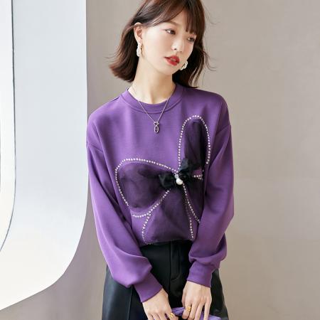 FA55047# 春款休闲圆领立体网纱蝴蝶结烫砖宽松减龄卫衣 服裝批發女裝批發服飾貨源