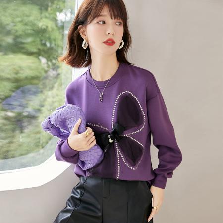 FA55047# 春款休闲圆领立体网纱蝴蝶结烫砖宽松减龄卫衣 服裝批發女裝批發服飾貨源