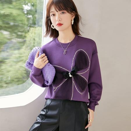 FA55047# 春款休闲圆领立体网纱蝴蝶结烫砖宽松减龄卫衣 服裝批發女裝批發服飾貨源