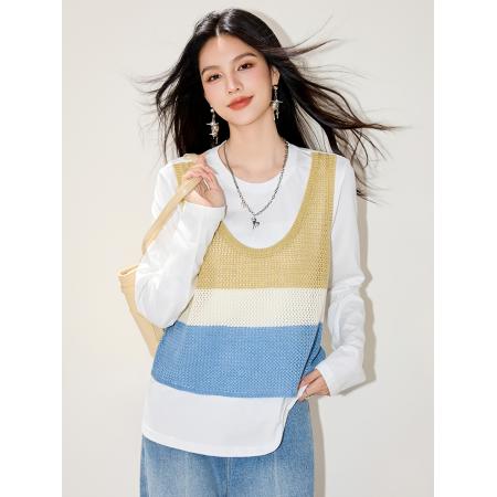 FA55048# 白色假两件吊带收腰T恤半袖春款穿搭绑带上衣 服裝批發女裝批發服飾貨源