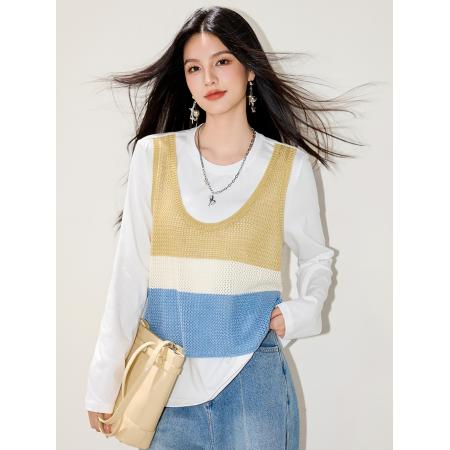 FA55048# 白色假两件吊带收腰T恤半袖春款穿搭绑带上衣 服裝批發女裝批發服飾貨源