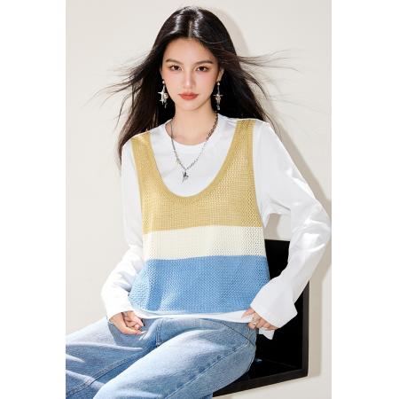 FA55048# 白色假两件吊带收腰T恤半袖春款穿搭绑带上衣 服裝批發女裝批發服飾貨源