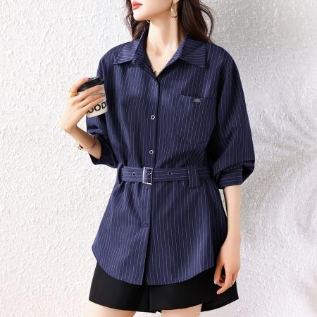 FA55051# 胖MM春季新款复古条纹女衬衫小众设计感收腰系带百搭上衣 服裝批發女裝批發服飾貨源