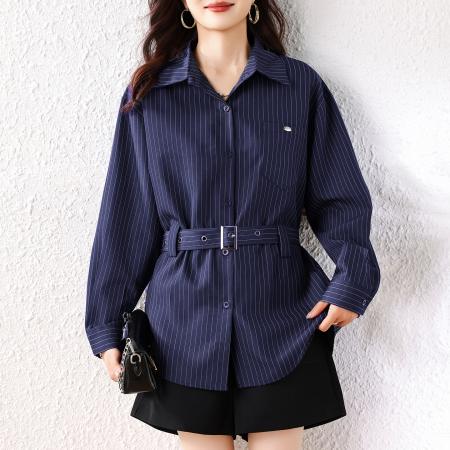 FA55051# 胖MM春季新款复古条纹女衬衫小众设计感收腰系带百搭上衣 服裝批發女裝批發服飾貨源