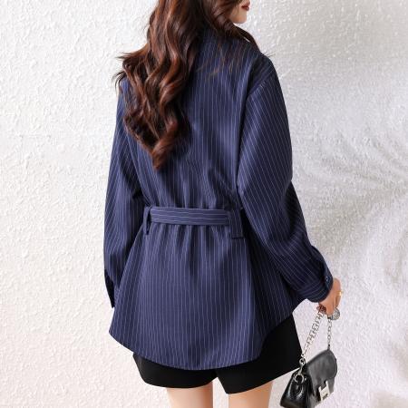 FA55051# 胖MM春季新款复古条纹女衬衫小众设计感收腰系带百搭上衣 服裝批發女裝批發服飾貨源