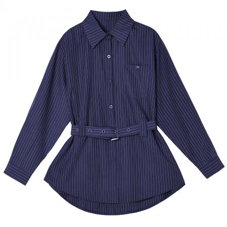 FA55051# 胖MM春季新款复古条纹女衬衫小众设计感收腰系带百搭上衣 服裝批發女裝批發服飾貨源