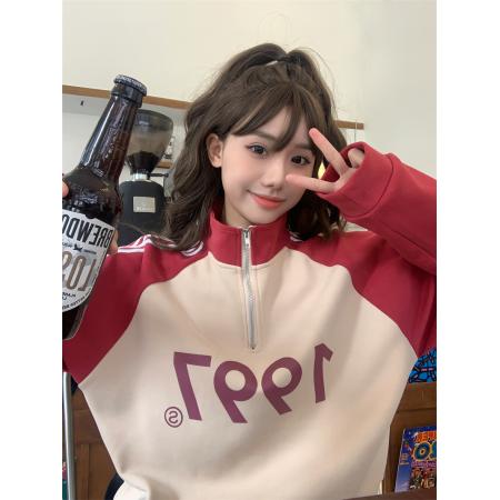 FA55052# 拉链卫衣女秋季春新款小个子字母长袖撞色休闲上衣短外套 服裝批發女裝批發服飾貨源